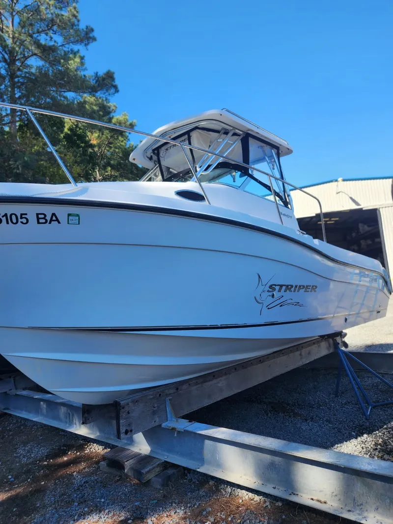 Slide: The Image of A white boat on a trailer with an enclosed helm and "Striper" branding. - 4