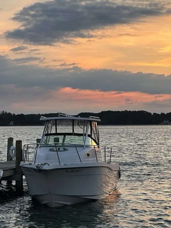 Slide: The Image of 2003 Seaswirl Striper 2601 Walkaround O/B docked at sunset. - 2