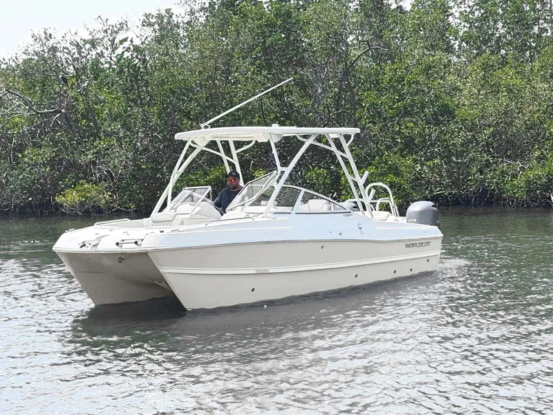 The Image of A white motorboat cruises on a calm river, surrounded by lush greenery. - 0