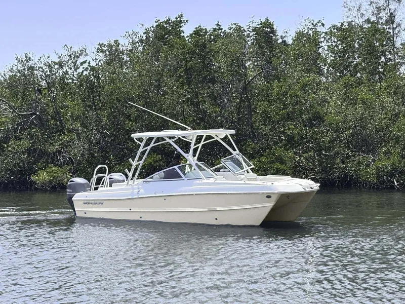 Slide: The Image of A 2020 World Cat 230 SD on calm water, surrounded by lush greenery. - 1