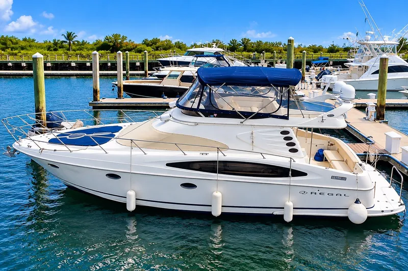 The Image of 2003 Regal Commodore 3880 yacht docked at marina under clear blue sky. - 0