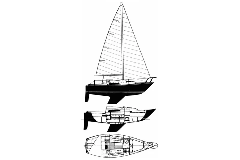 Slide: The Image of Blueprint of 1989 C&C 30 MKII sailboat, showing side and top views with detailed layout. - 86