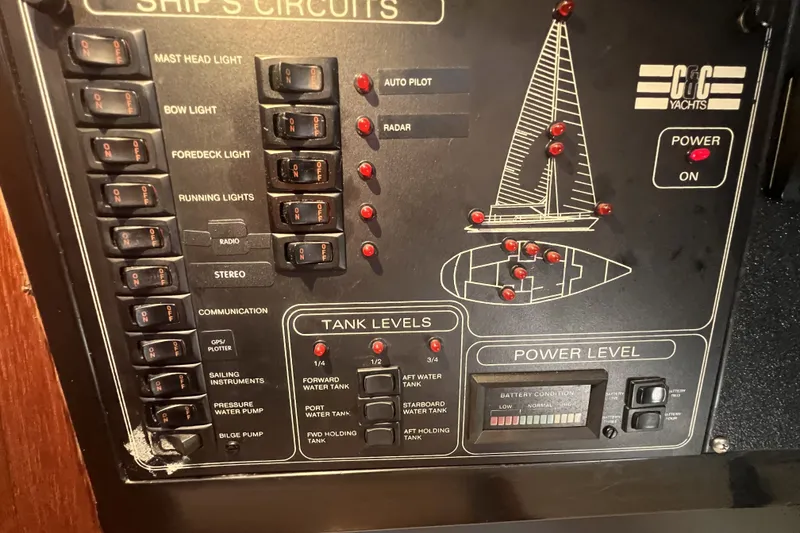 Slide: The Image of Control panel of a 1989 C&C 30 MKII yacht, showing ship's circuits and tank levels. - 52