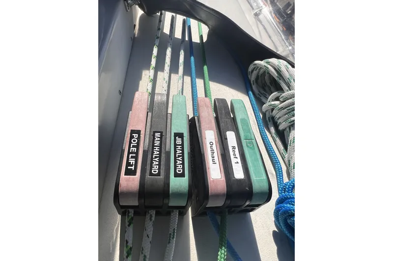 Slide: The Image of Sailing ropes and clutches on a 1989 C&C 30 MKII yacht deck. - 20