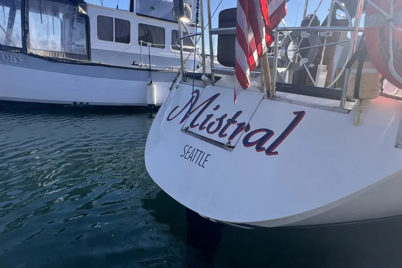 Slide: The Image of Sailboat "Mistral" docked in Seattle, 1989 C&C 30 MKII model. - 42