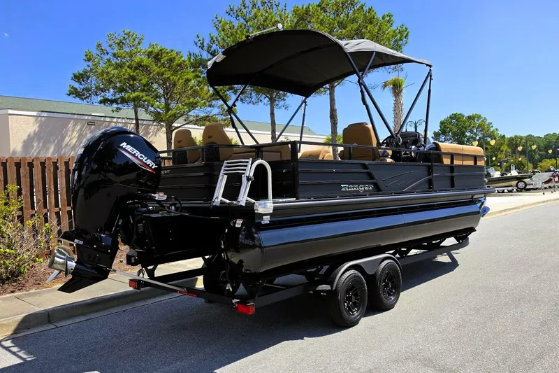 Slide: The Image of 2027 Ranger 220FC pontoon boat with Mercury outboard engine on a trailer. - 4