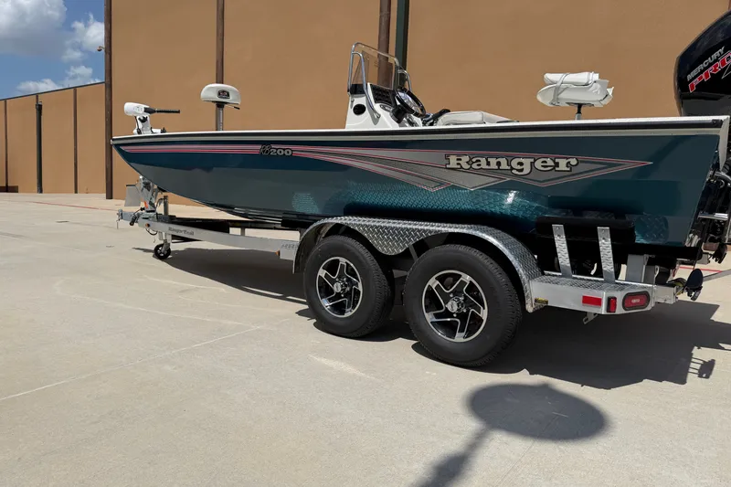 Slide: The Image of 2027 Ranger RB200 boat on trailer, parked outdoors under clear sky. - 2