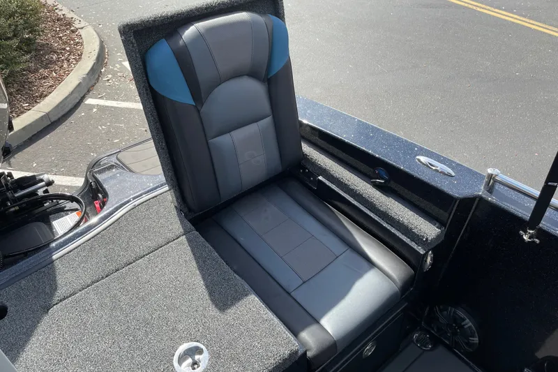 Slide: The Image of 2027 Nitro ZV19 Sport boat seat with gray and blue upholstery. - 29