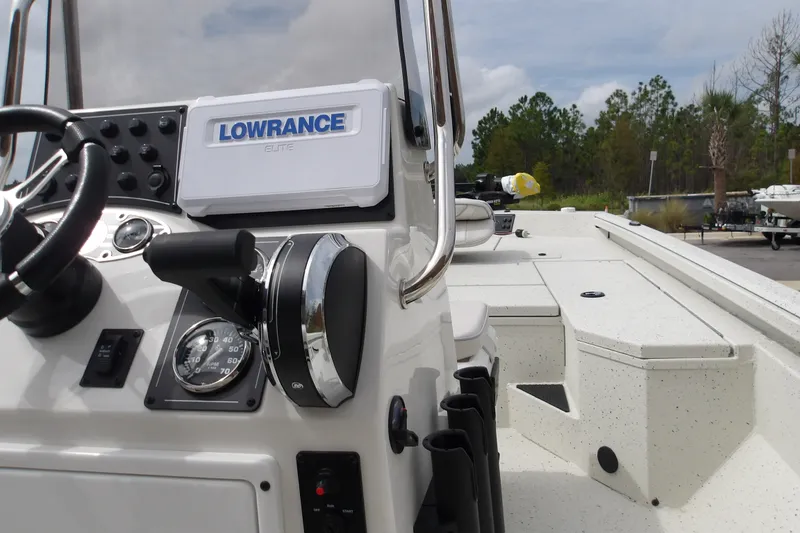 Slide: The Image of 2027 Ranger RB200 boat dashboard with Lowrance Elite system and steering wheel. - 18