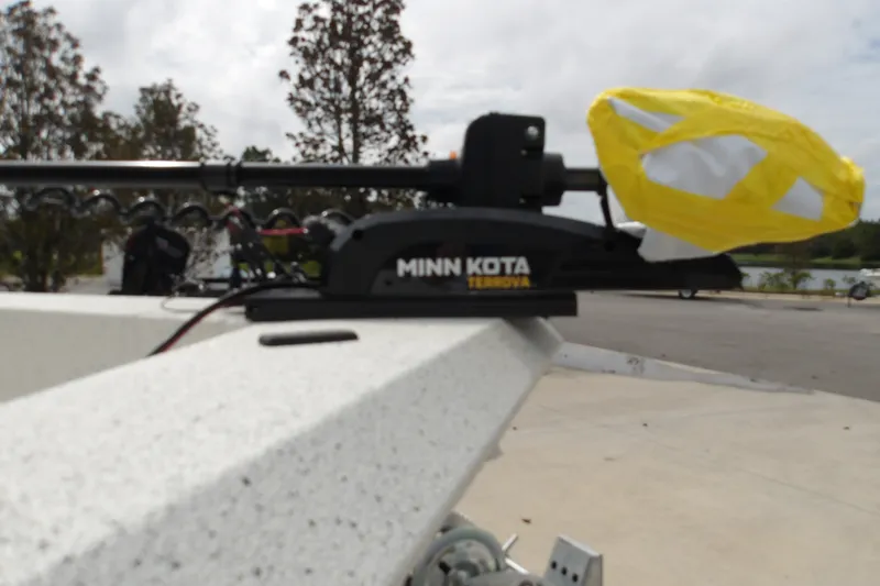 Slide: The Image of Minn Kota Terrova trolling motor on 2027 Ranger RB200 boat, docked outdoors. - 11