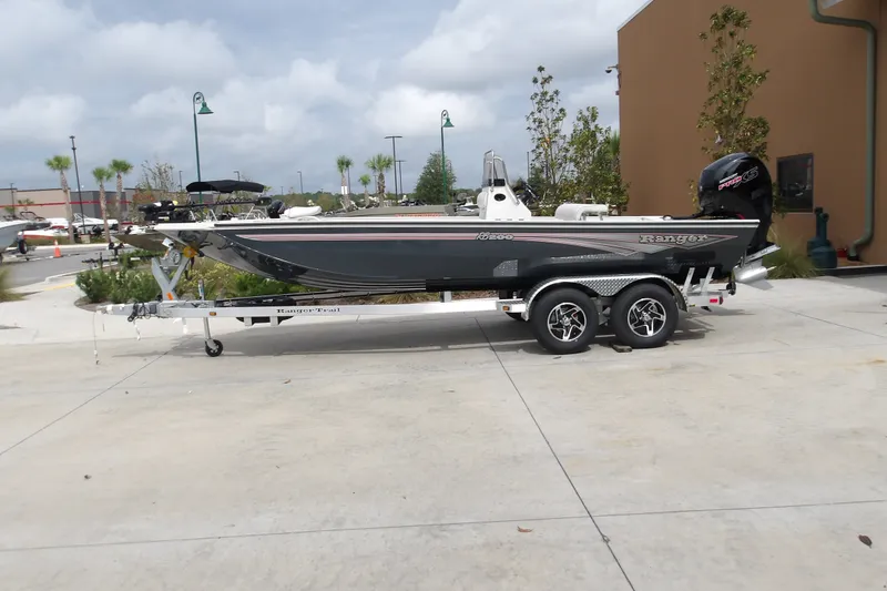 Slide: The Image of 2027 Ranger RB200 boat on trailer in outdoor setting. - 1