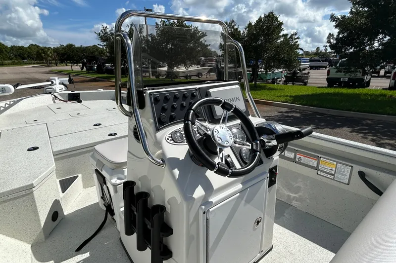 Slide: The Image of 2027 Ranger RB200 boat console with steering wheel and navigation system. - 11