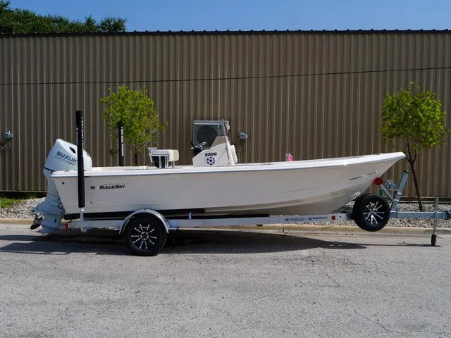 Slide: The Image of A 2027 Bulls Bay 2000 boat on a trailer, parked in front of a building. - 6