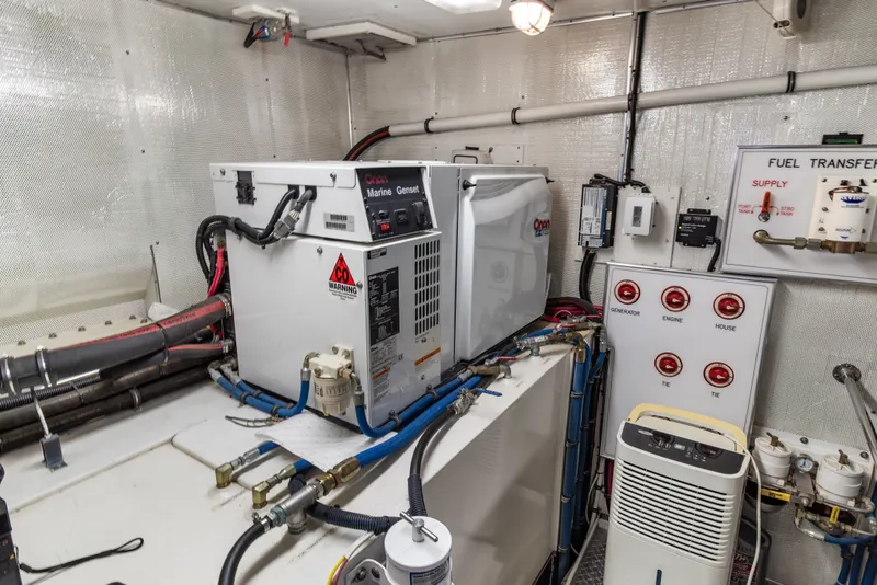 Slide: The Image of Engine room of 2006 Solander Eclipse Steel Trawler with marine generator and fuel transfer system. - 43