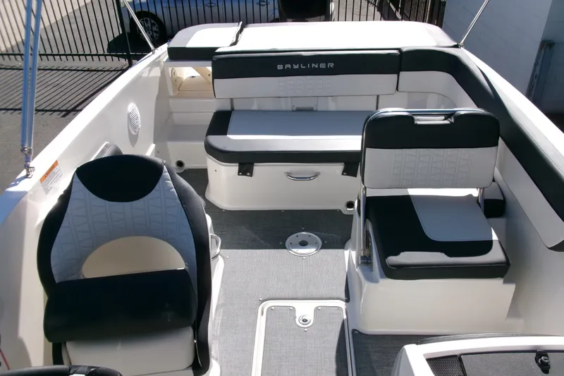 Slide: The Image of 2022 Bayliner VR6 Bowrider OB interior with seating and modern design. - 14
