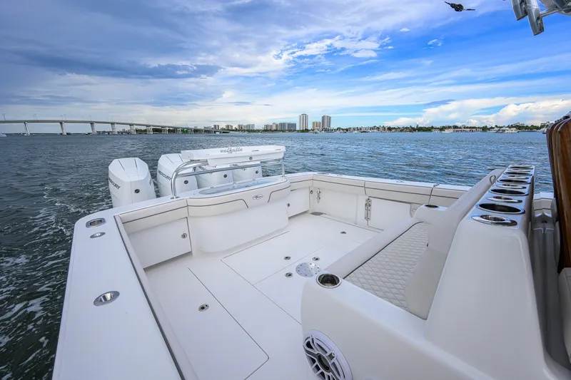 Slide: The Image of Valhalla V-41 2026 boat on water, featuring spacious deck and scenic city skyline. - 40