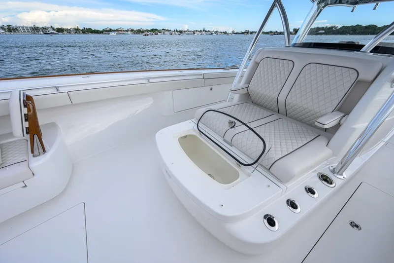 Slide: The Image of Luxurious 2026 Valhalla V-41 boat interior with quilted seating and ocean view. - 35