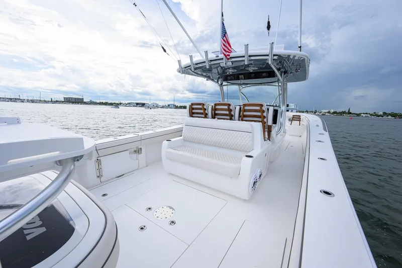 Slide: The Image of Valhalla V-41 2026 boat on water, featuring sleek design and comfortable seating. - 44