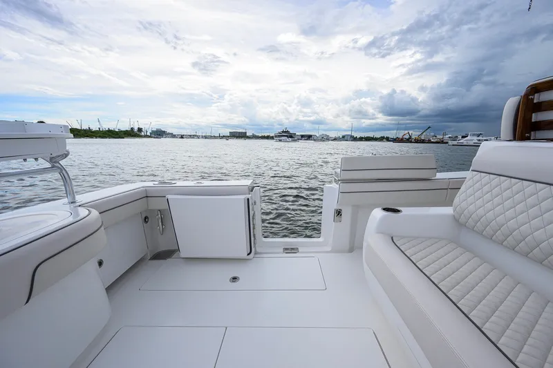 Slide: The Image of Luxurious 2026 Valhalla V-41 yacht interior with elegant seating, overlooking serene waters. - 45