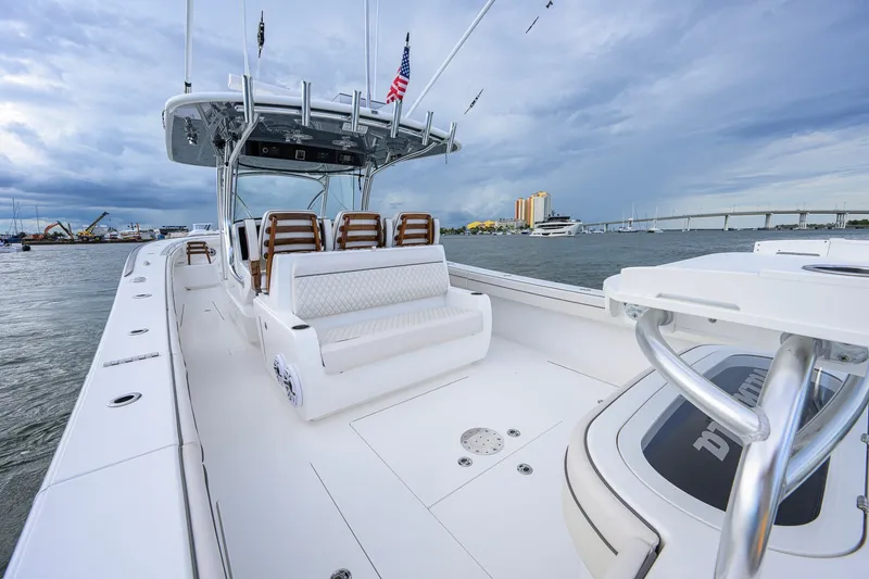 Slide: The Image of 2026 Valhalla V-41 boat on water, featuring sleek design and spacious seating. - 41