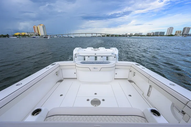 Slide: The Image of 2026 Valhalla V-41 boat deck with scenic waterfront view and city skyline. - 39