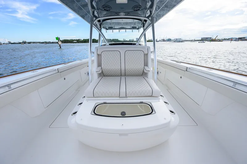 Slide: The Image of 2026 Valhalla V-41 boat interior with luxurious seating on open water. - 34