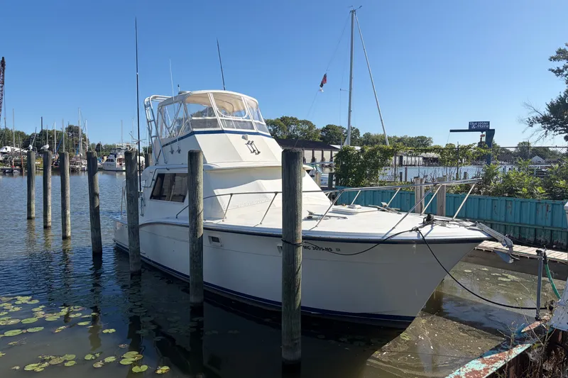 Slide: The Image of 1972 Hatteras 38 Convertible boat docked in a serene marina setting. - 2