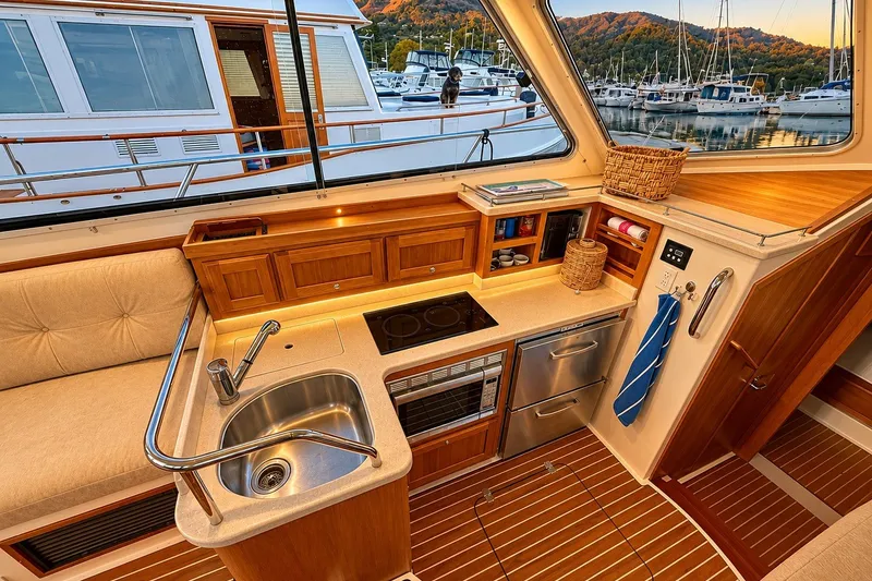 Slide: The Image of Interior of a 2011 Back Cove 37 yacht featuring a compact kitchen with sink and appliances. - 22