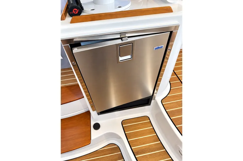 Slide: The Image of Stainless steel fridge on 2011 Back Cove 37 yacht with teak flooring. - 25