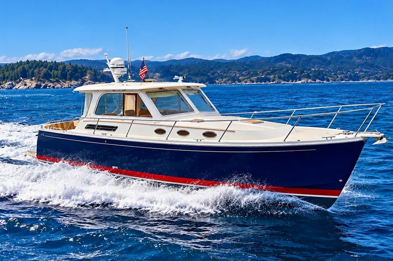 Slide: The Image of 2011 Back Cove 37 yacht cruising on blue ocean with scenic mountain backdrop. - 33