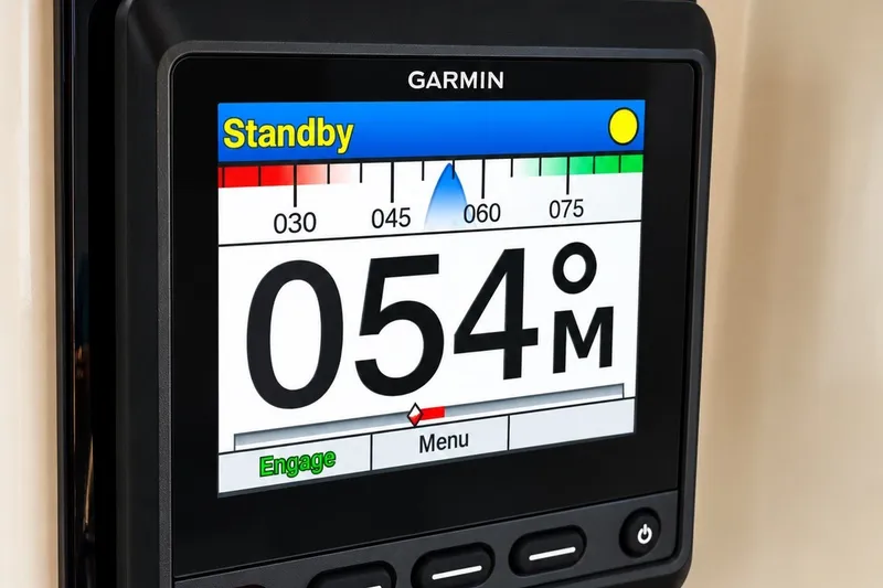 Slide: The Image of Garmin marine display on 2011 Back Cove 37, showing standby mode and heading information. - 18