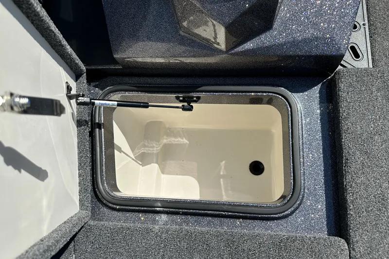 Slide: The Image of Open storage compartment in 2025 Ranger Z185 boat, featuring a sleek, carpeted interior design. - 18