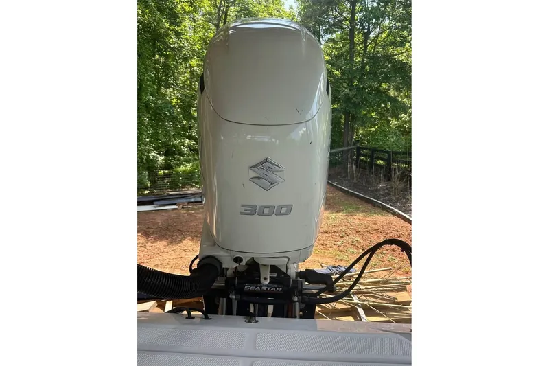 Slide: The Image of Outboard motor on a 2020 Blue Wave 2600 PureBay boat, surrounded by greenery. - 15