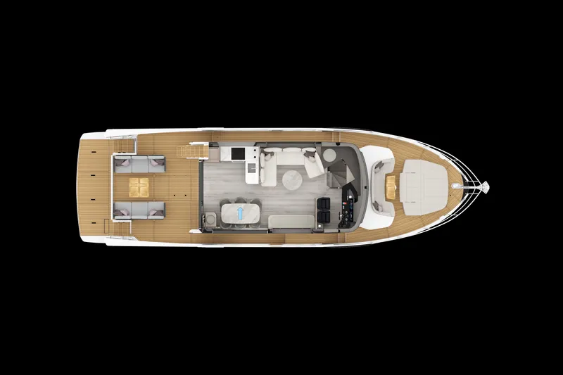 Slide: The Image of Top view of a luxury yacht with spacious deck, seating areas, and modern interior. - 22