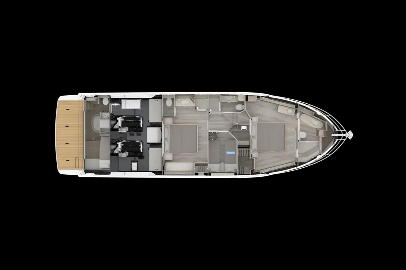 Slide: The Image of Layout of the 2028 Absolute Navetta 58 showing cabins and living areas. - 23