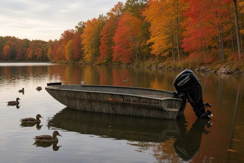The Image of Tracker Grizzly 1756 T Marsh boat on serene autumn lake with ducks. - 10