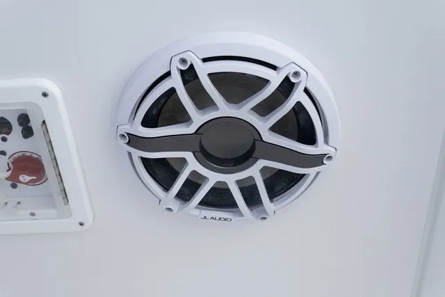 Slide: The Image of A speaker with a stylish grille is mounted on the wall of a boat. - 4