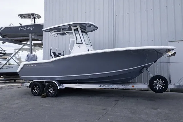 The Image of A gray Tidewater 232 CC Adventure boat from 2027 on a trailer in front of a building. - 0