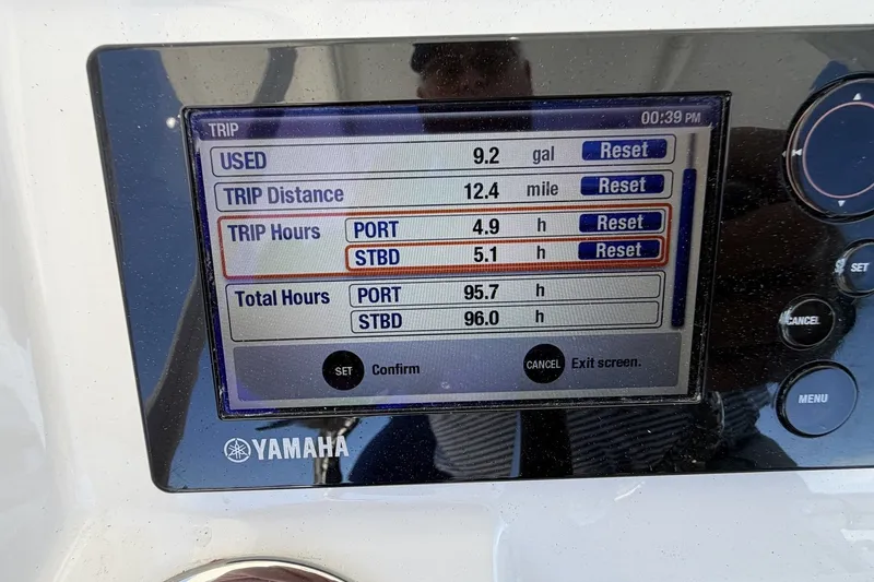 Slide: The Image of Yamaha display showing trip data on a 2015 Regulator 25 boat. - 15