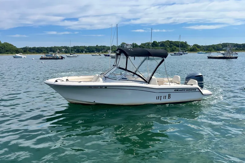 The Image of 2021 Grady-White Freedom 215 boat on calm water, featuring a sleek design and canopy. - 1