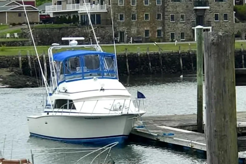 The Image of 1980 Bertram 33 Sport Fisherman docked at a marina with waterfront buildings in the background. - 4