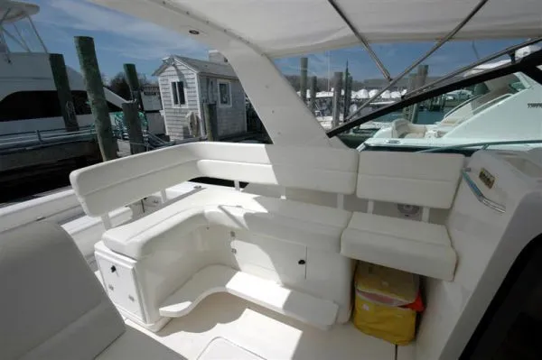 Slide: The Image of Interior of a 2002 Tiara Yachts 3500 Open, white upholstery. - 5