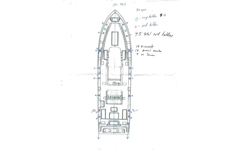 Slide: The Image of Blueprint of 2023 Invincible 39 Open Fisherman boat layout with rod and cup holder placements. - 33
