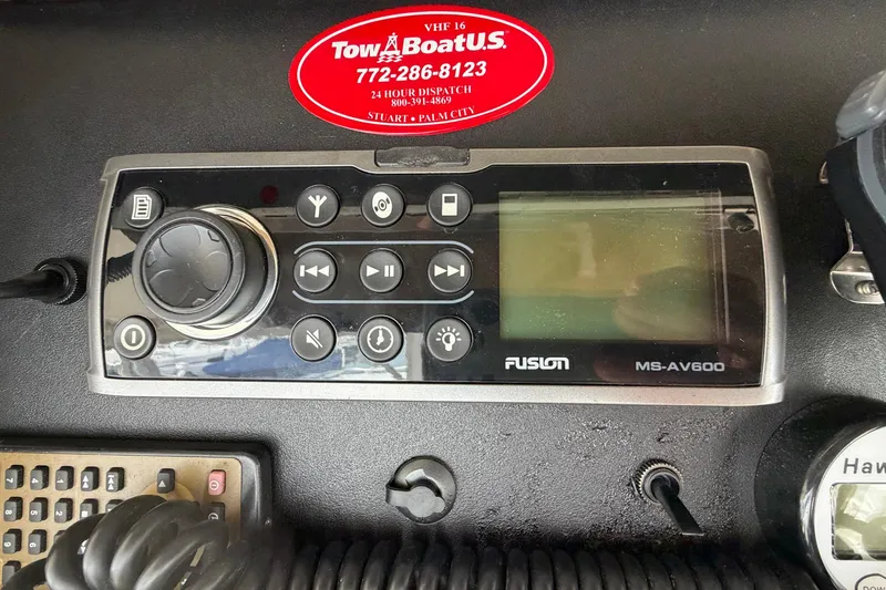 Slide: The Image of Fusion MS-AV600 marine stereo on 1987 Viking 44 Motor Yacht dashboard. - 67