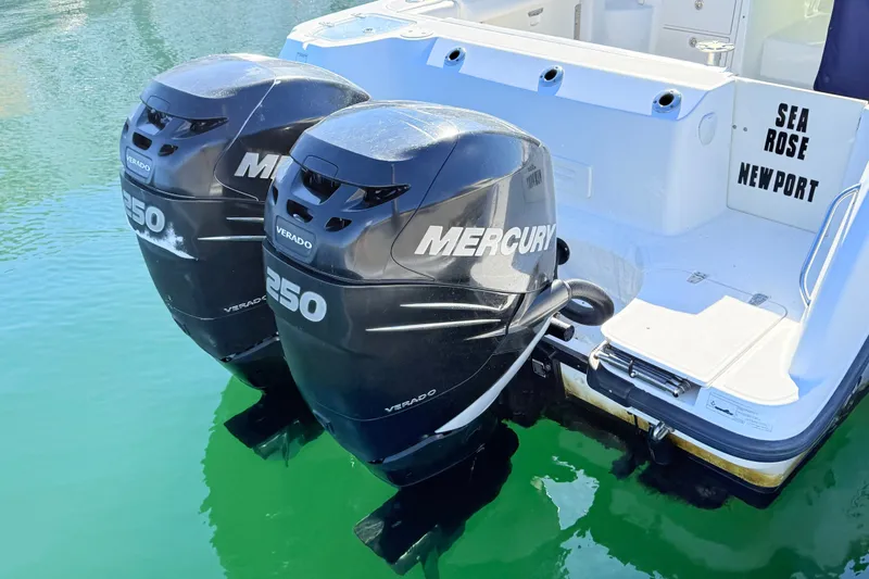 Slide: The Image of Twin Mercury 250 Verado engines on a 2012 Boston Whaler 285 Conquest boat. - 9