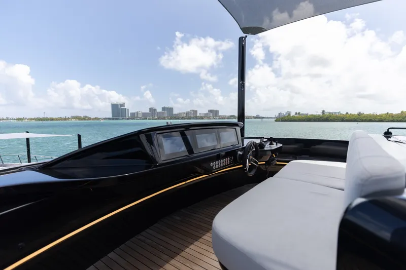 Slide: The Image of Luxurious 2024 Mangusta 104 REV yacht interior with ocean view and modern design. - 60