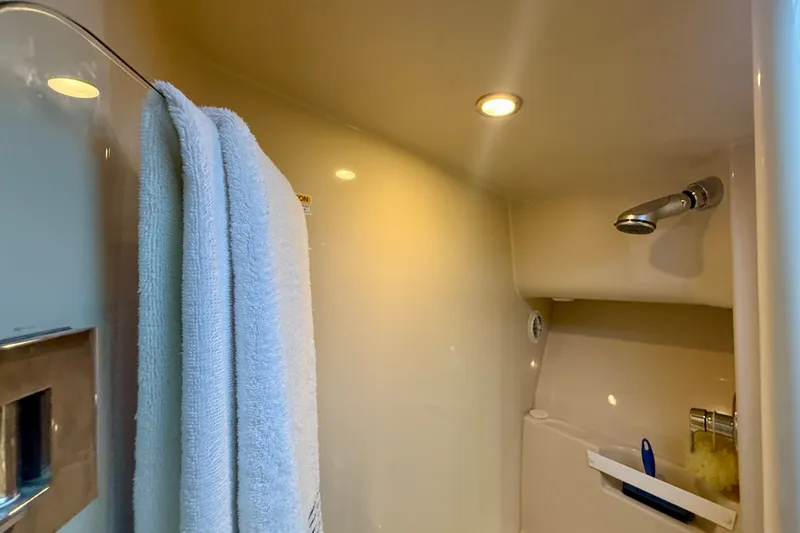 Slide: The Image of Interior of 2006 Riviera 40 Flybridge yacht bathroom with towel and showerhead. - 49