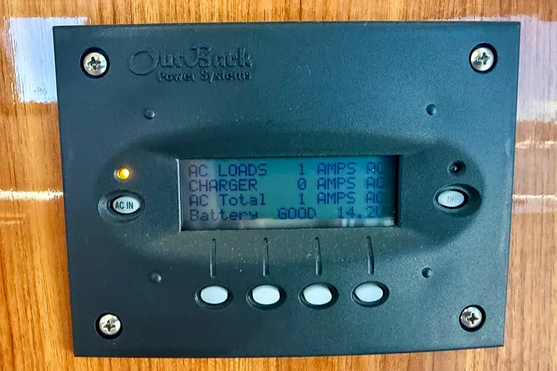 Slide: The Image of OutBack Power Systems display on 2006 Riviera 40 Flybridge, showing AC loads and battery status. - 29