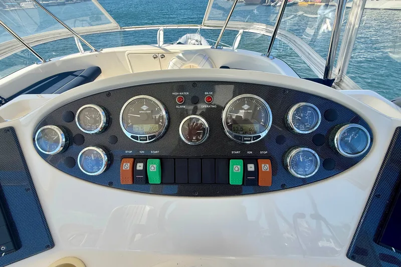 Slide: The Image of Control panel of a 2006 Riviera 40 Flybridge boat with gauges and switches. - 80