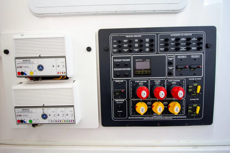 Slide: The Image of Electrical panel setup on a 2019 Sea Fox 328 Commander boat. - 16